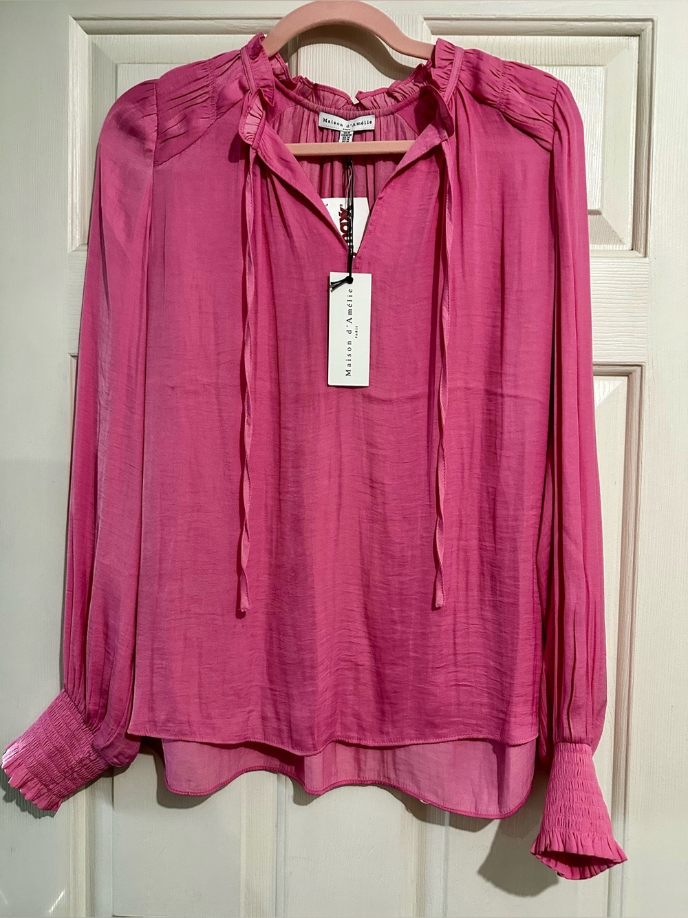 Maison d'Amelie Pink Ruffle Tie-Neck Blouse